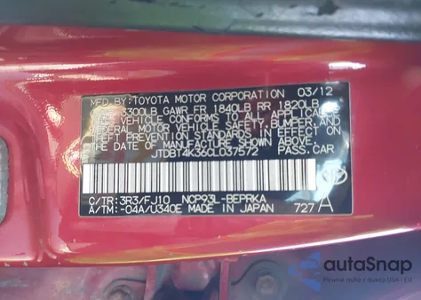 2012 Toyota Yaris z USA, uszkodzony, nr VIN JTDBT4K36CL037572